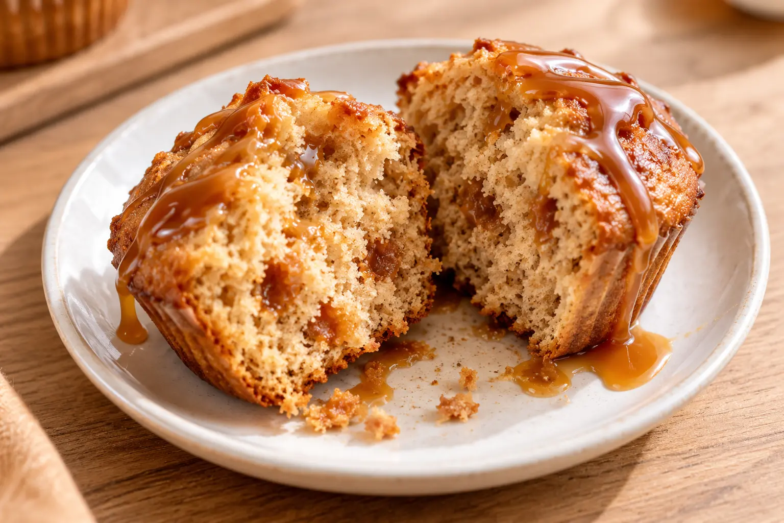 Muffin caramel protéiné coupé en deux montrant sa mie moelleuse
