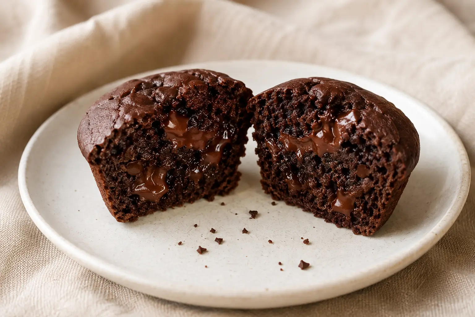Muffin chocolat intense protéiné coupé en deux montrant sa texture fondante