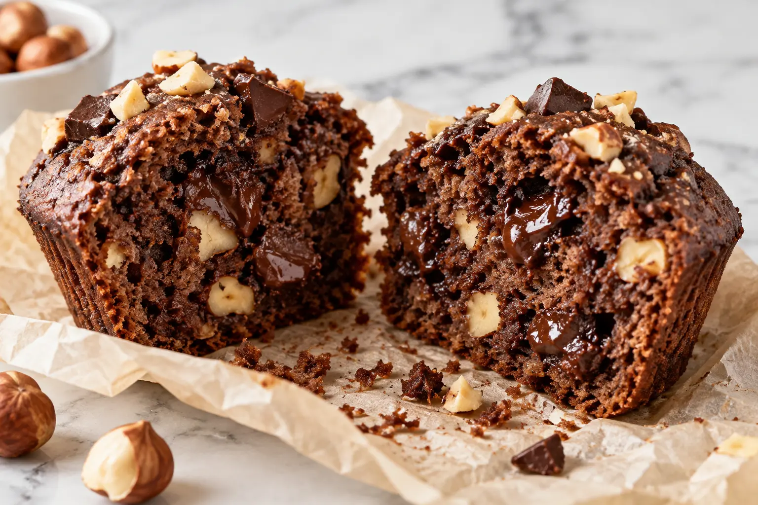 Muffin chocolat-noisette protéiné coupé en deux montrant sa texture moelleuse