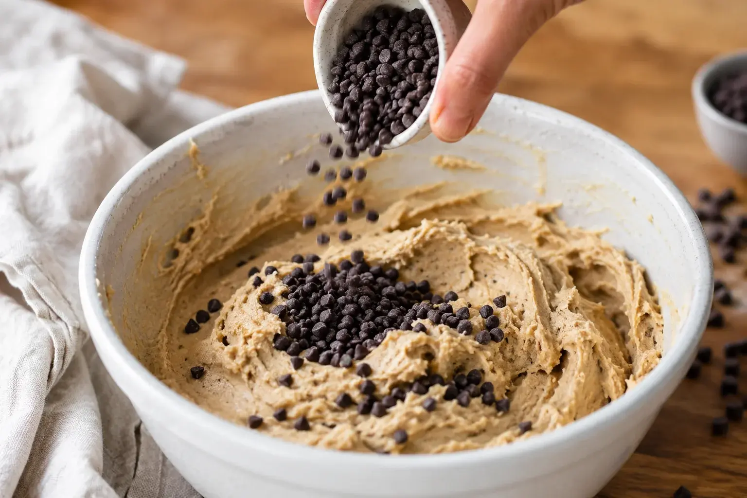 Pépites de chocolat noir incorporées dans la pâte à cookie dough protéinée