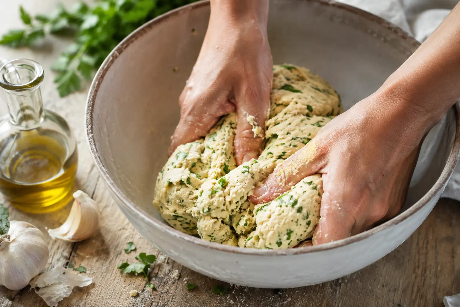 Pétrissage de la pâte à crackers avec ail frais et persil ciselé