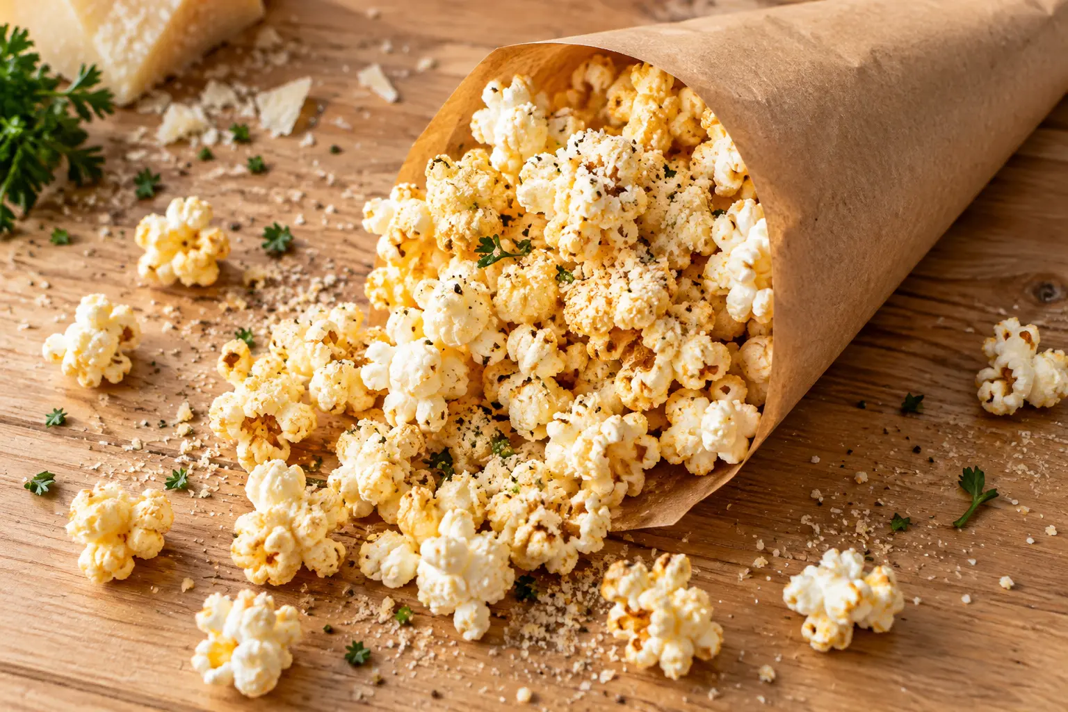 Popcorn protéiné au parmesan servi dans un cornet en papier kraft sur fond de bois clair