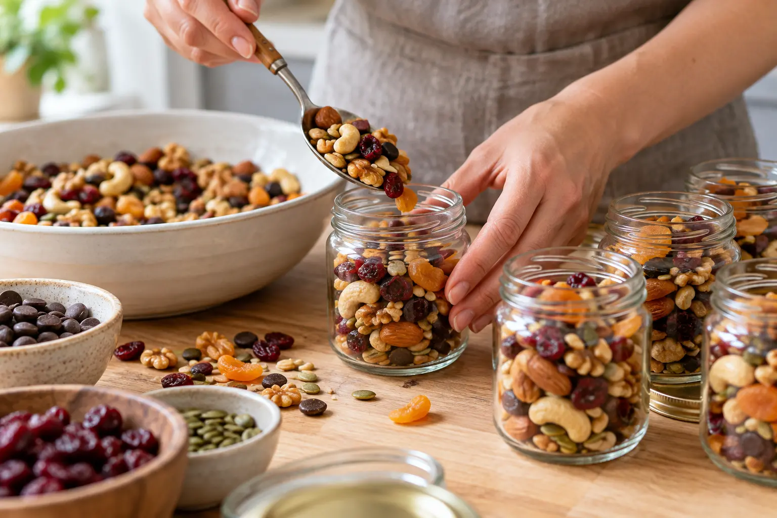 Trail mix protéiné réparti dans des petits bocaux en verre alignés