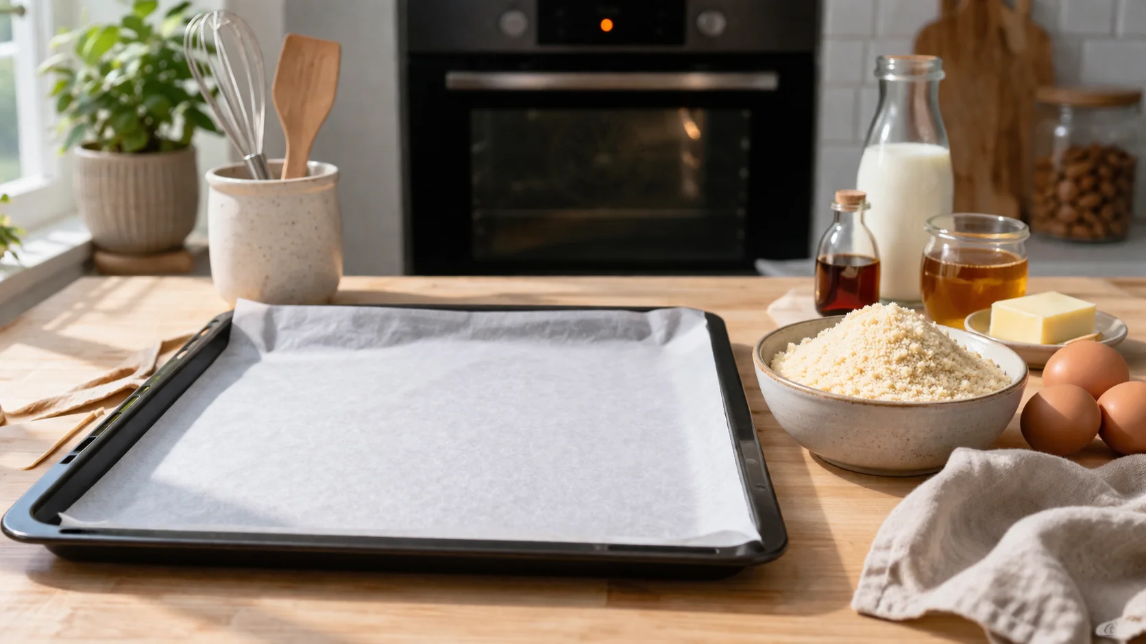 Plaque de cuisson tapissée de papier sulfurisé sur plan de travail en bois clair, four en arrière-plan avec voyant de préchauffage allumé, farine d'amande et ingrédients disposés