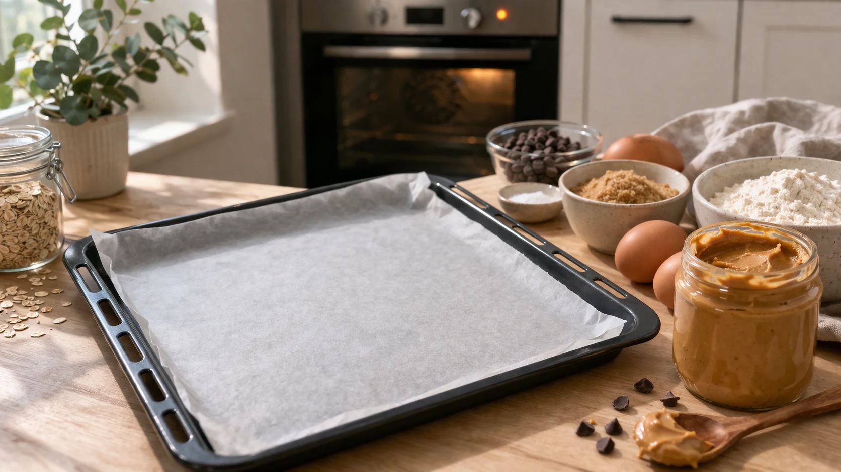 Plaque de cuisson tapissée de papier sulfurisé sur plan de travail en bois clair, four en arrière-plan en train de chauffer, beurre de cacahuète et ingrédients disposés