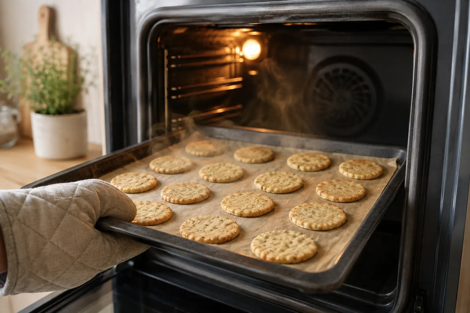 Disques de pâte à mini-pizzas dorés en sortie de four sur plaque de cuisson