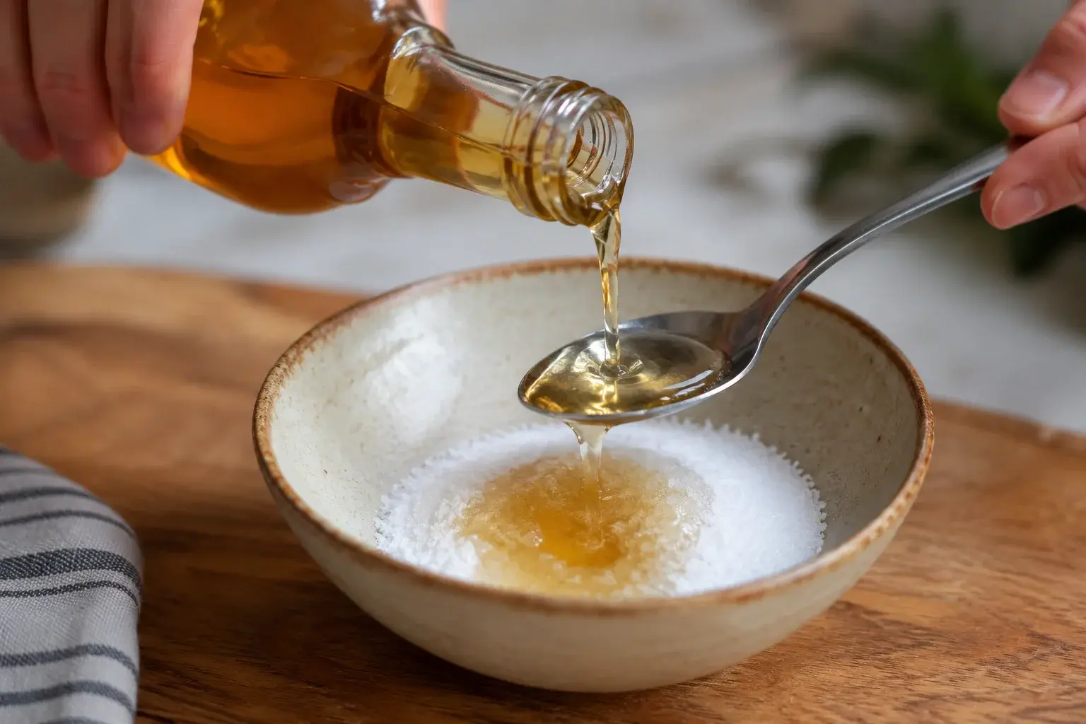 Mélange du vinaigre de cidre et du sel dans un petit bol