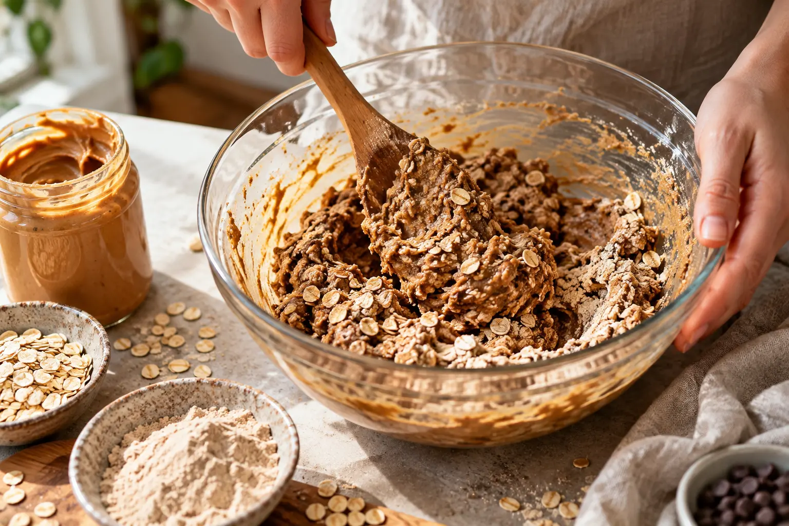 Mélange de la pâte à barres protéinées dans un bol avec une spatule