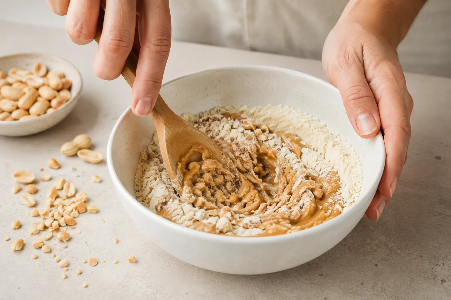 Mélange de beurre de cacahuète et whey protéine dans un bol avec des cacahuètes concassées