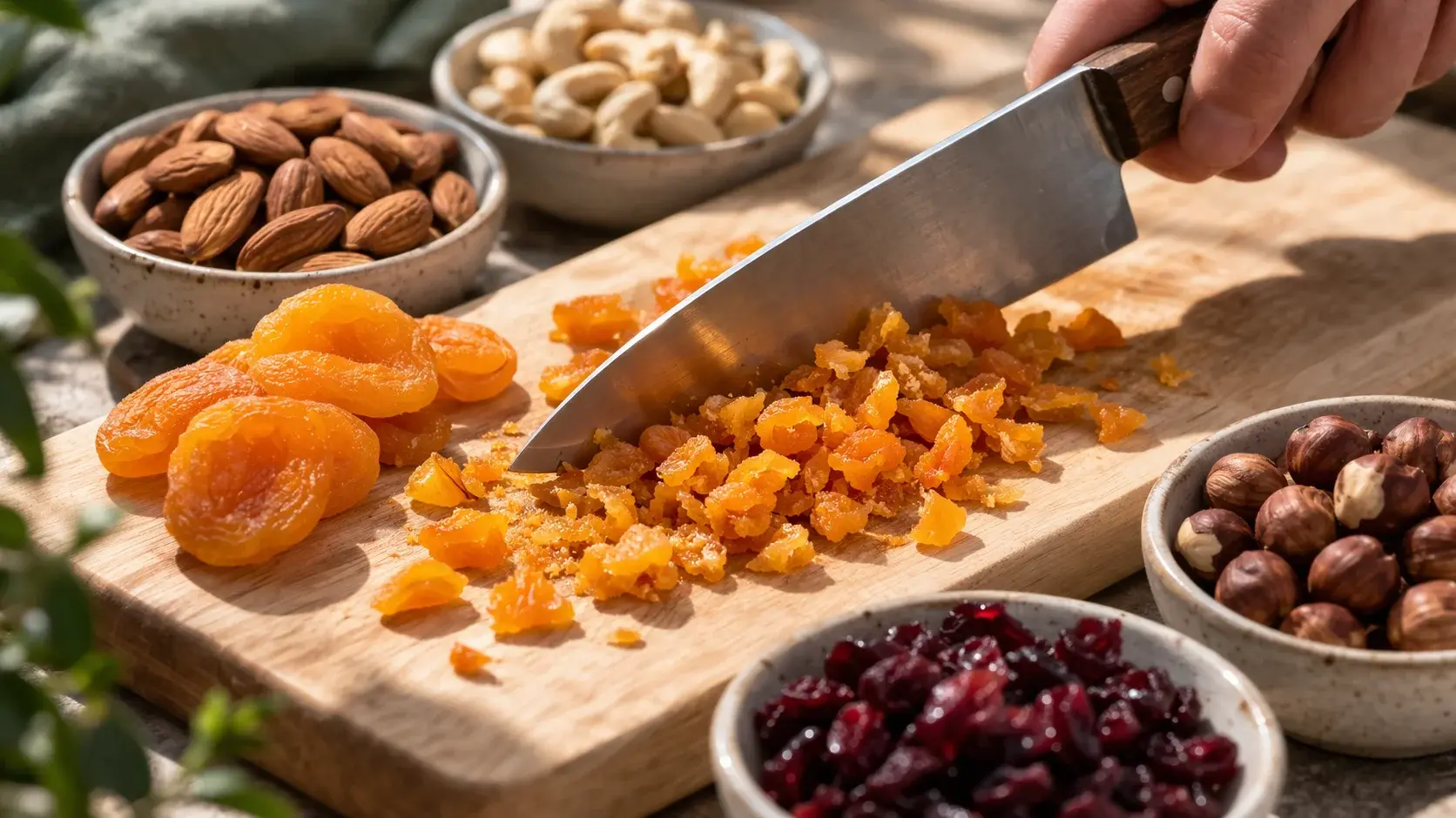 Couteau hachant des abricots secs orange en morceaux sur une planche en bois clair, amandes, noix de cajou et cranberries disposées dans des petits bols à côté
