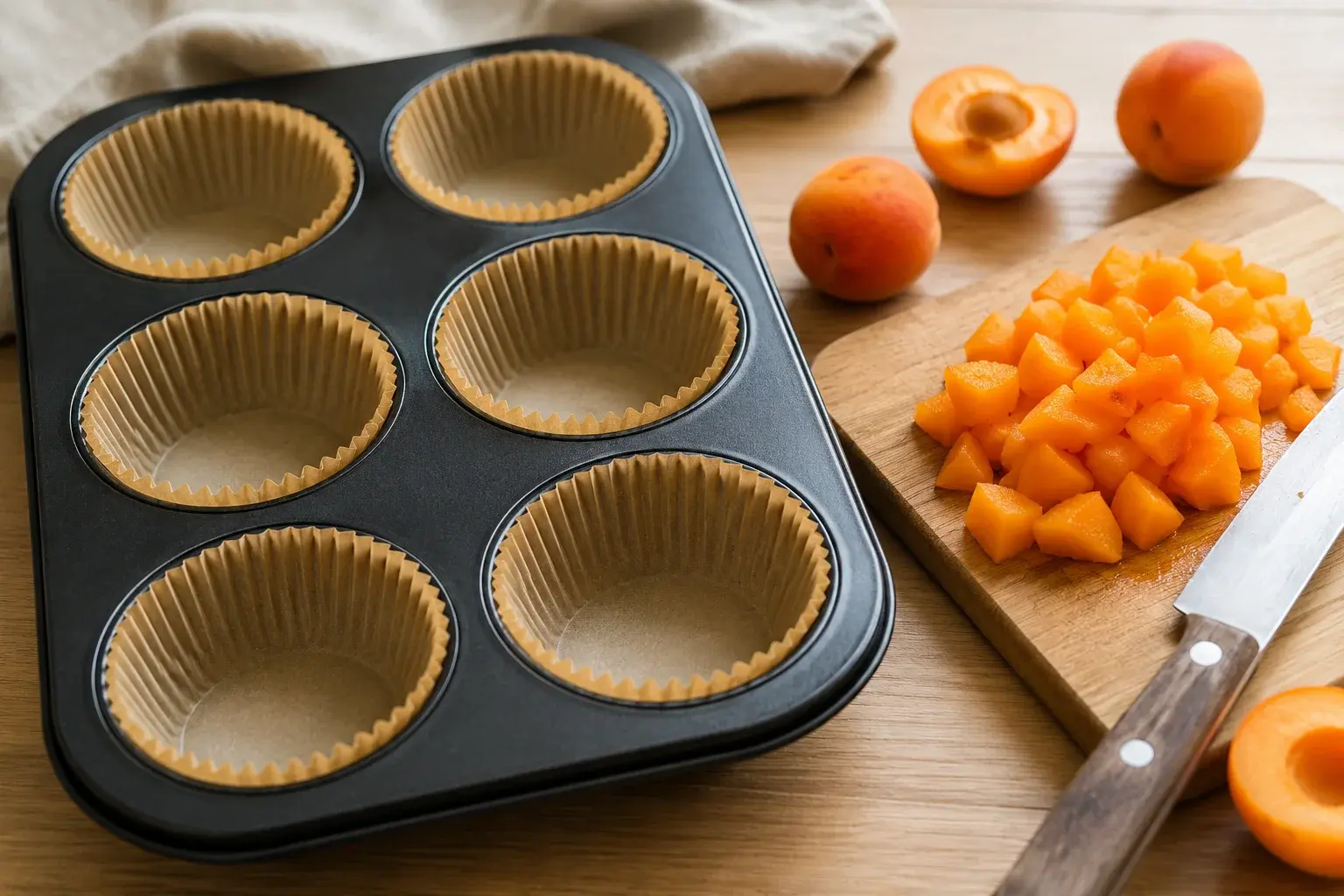 Moule à muffins en métal noir avec 8 caissettes en papier brun disposées à côté d'abricots oranges coupés en petits dés sur une planche en bois