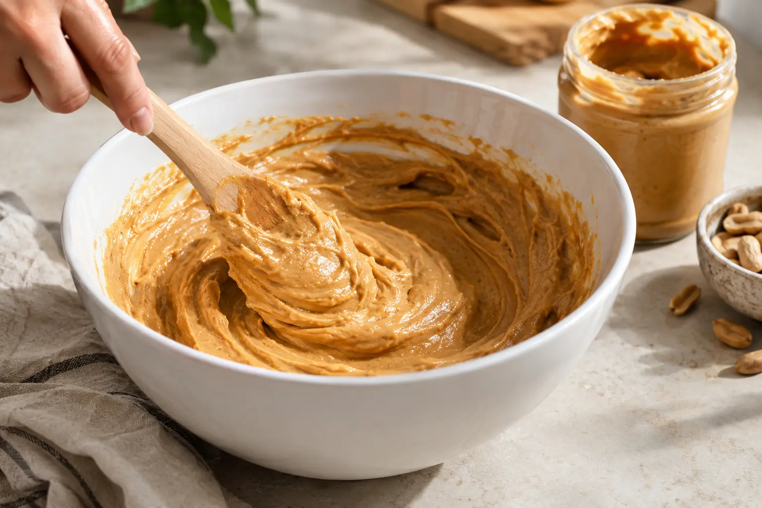 Mélange de la pâte à cookies au beurre de cacahuète dans un saladier avec une spatule