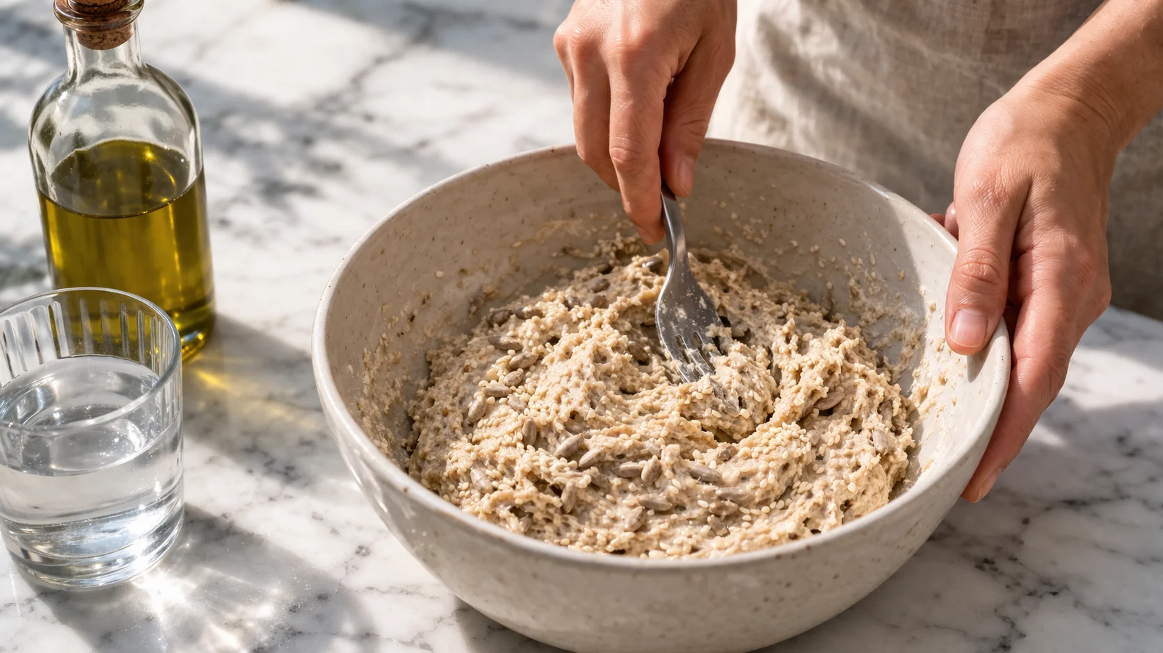 Pâte à crackers salés protéinés en cours de mélange dans un bol, graines de sésame et tournesol visibles, fourchette dans la pâte