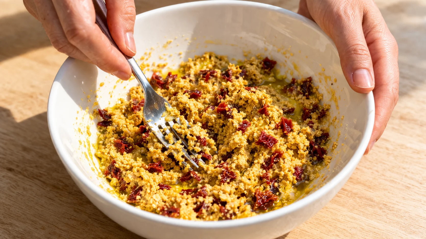 Pâte à crackers aux tomates séchées dans un saladier blanc, farine de pois chiches dorée avec éclats de tomates rouges visibles, plan de travail en bois clair