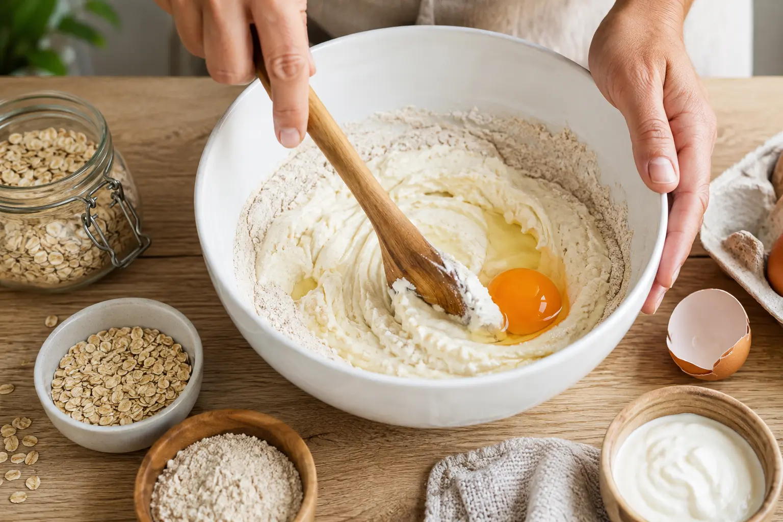 Mains mélangeant la pâte à mini-pizzas protéinées dans un saladier