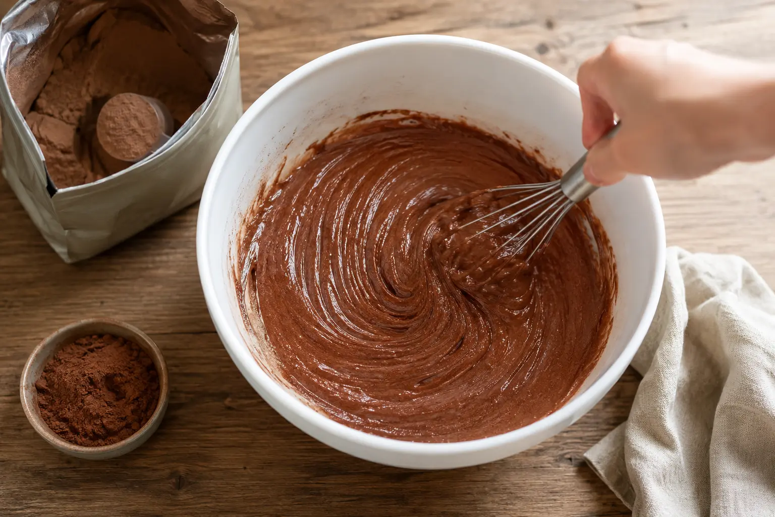 Mélange de lait, whey chocolat et cacao fouetté dans un bol