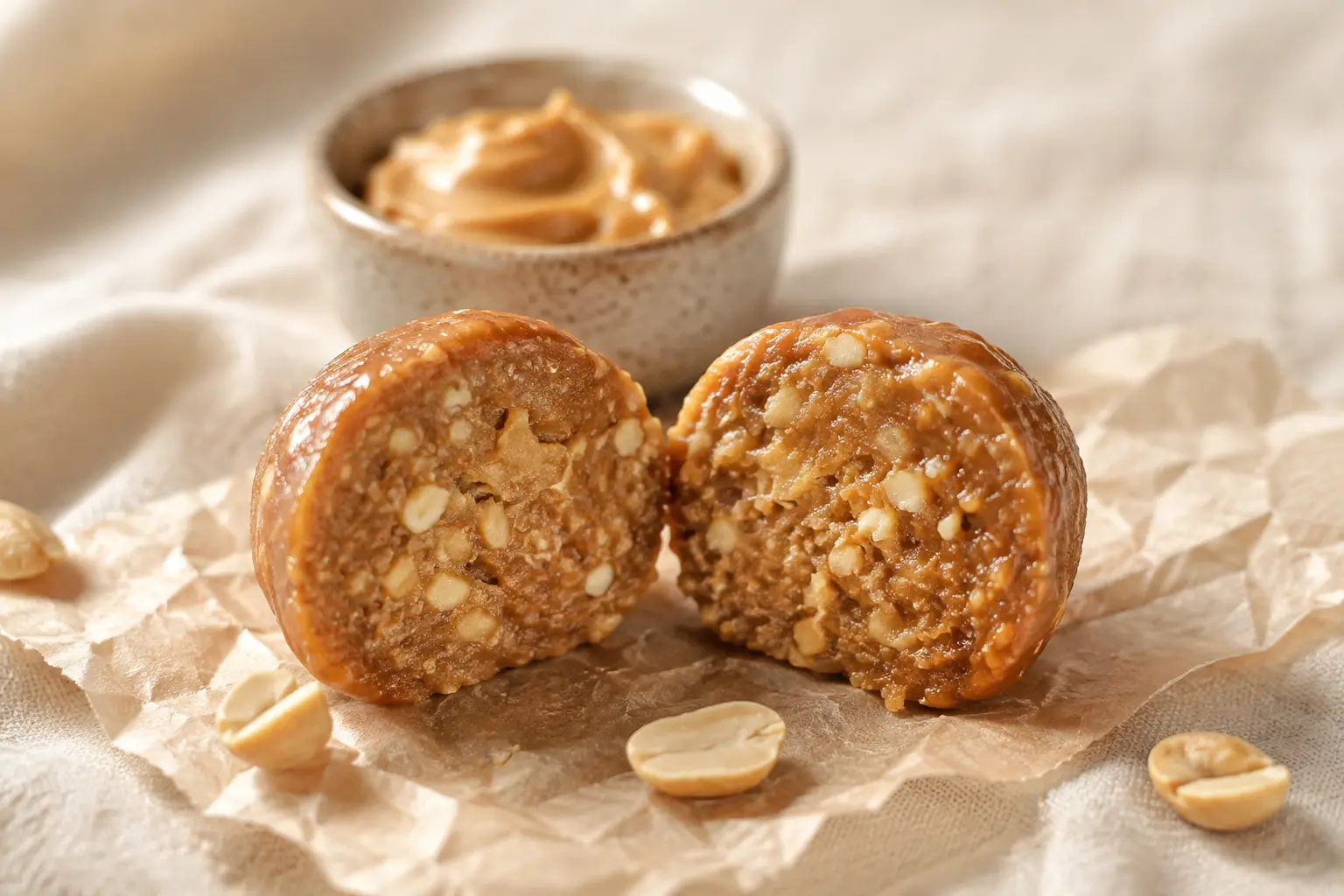 Gros plan sur une protein ball cacahuète-caramel coupée en deux montrant la texture fondante