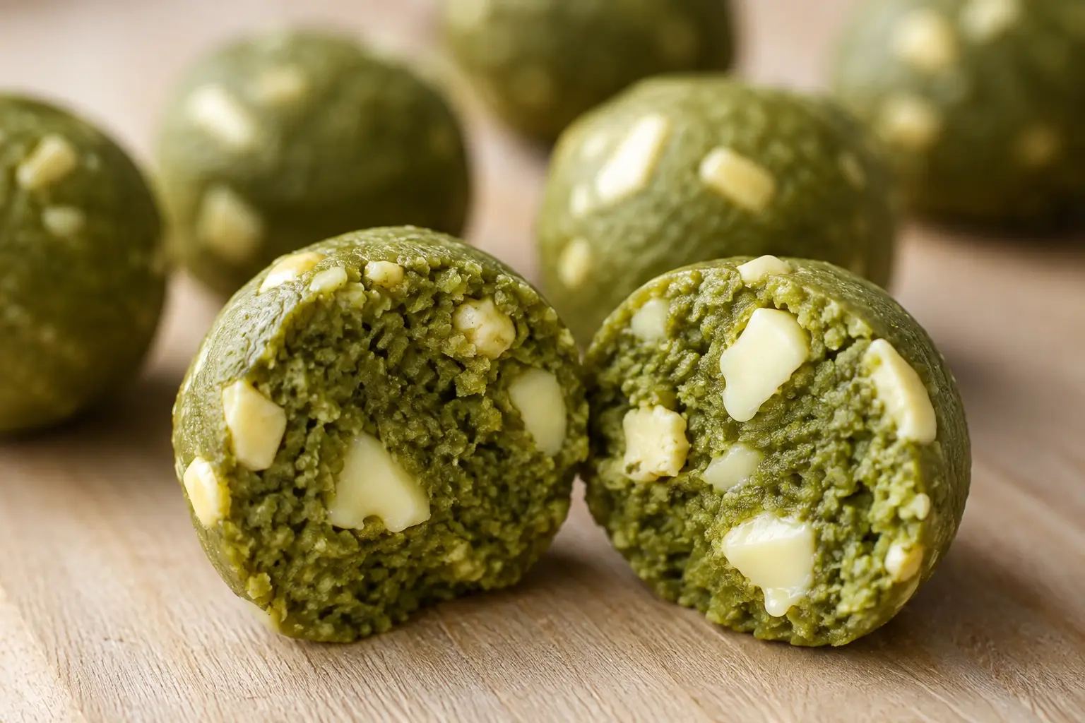 Gros plan sur une protein ball matcha-chocolat blanc coupée en deux montrant la texture moelleuse intérieure