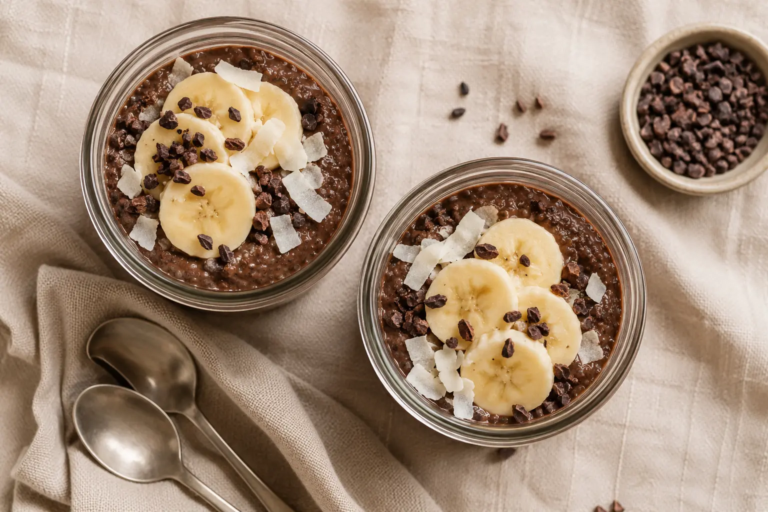 Vue rapprochée du pudding chocolat-banane protéiné montrant sa texture crémeuse aux graines de chia