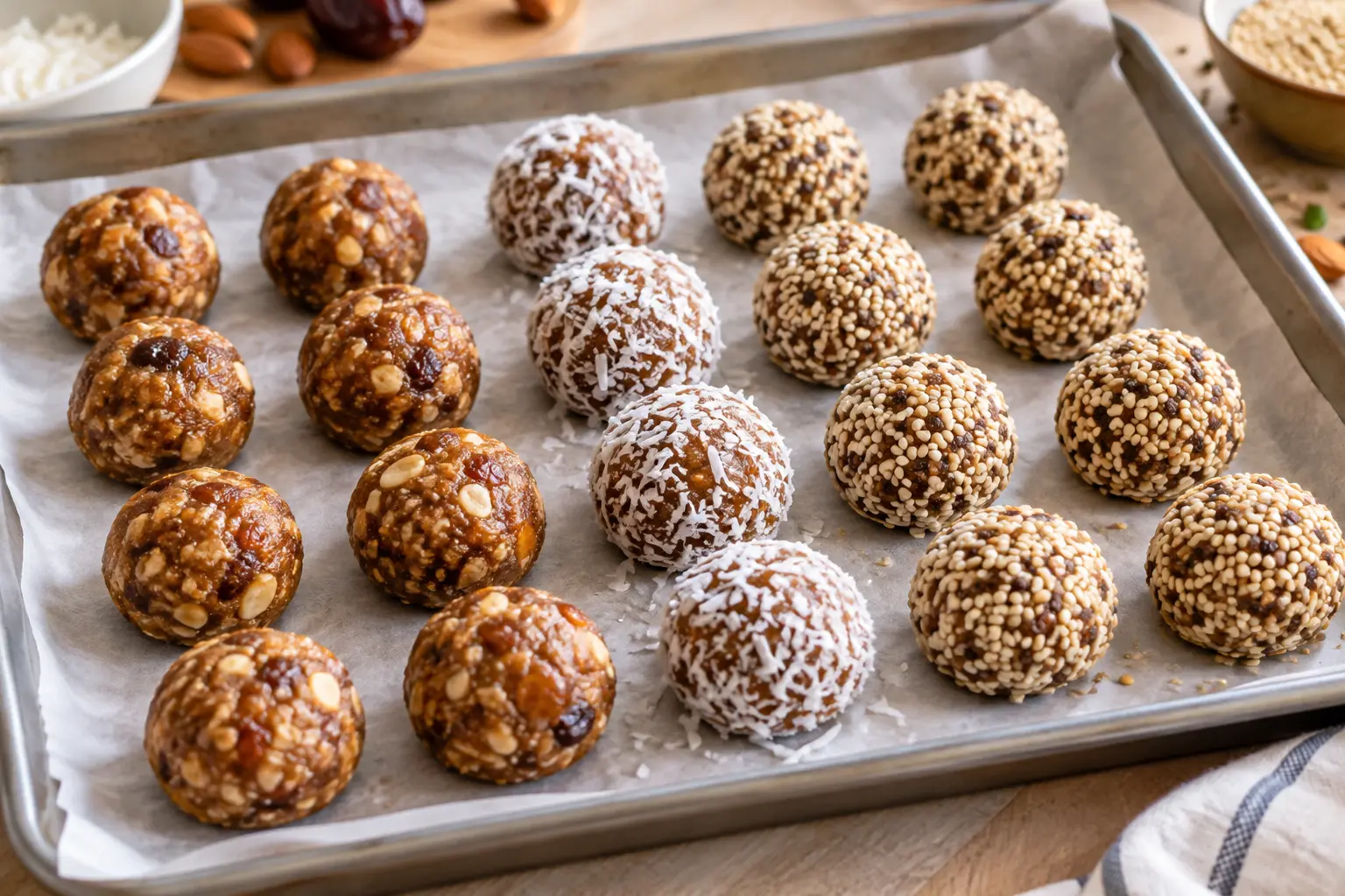 Energy balls aux fruits secs alignées sur un plateau avant d'être mises au réfrigérateur