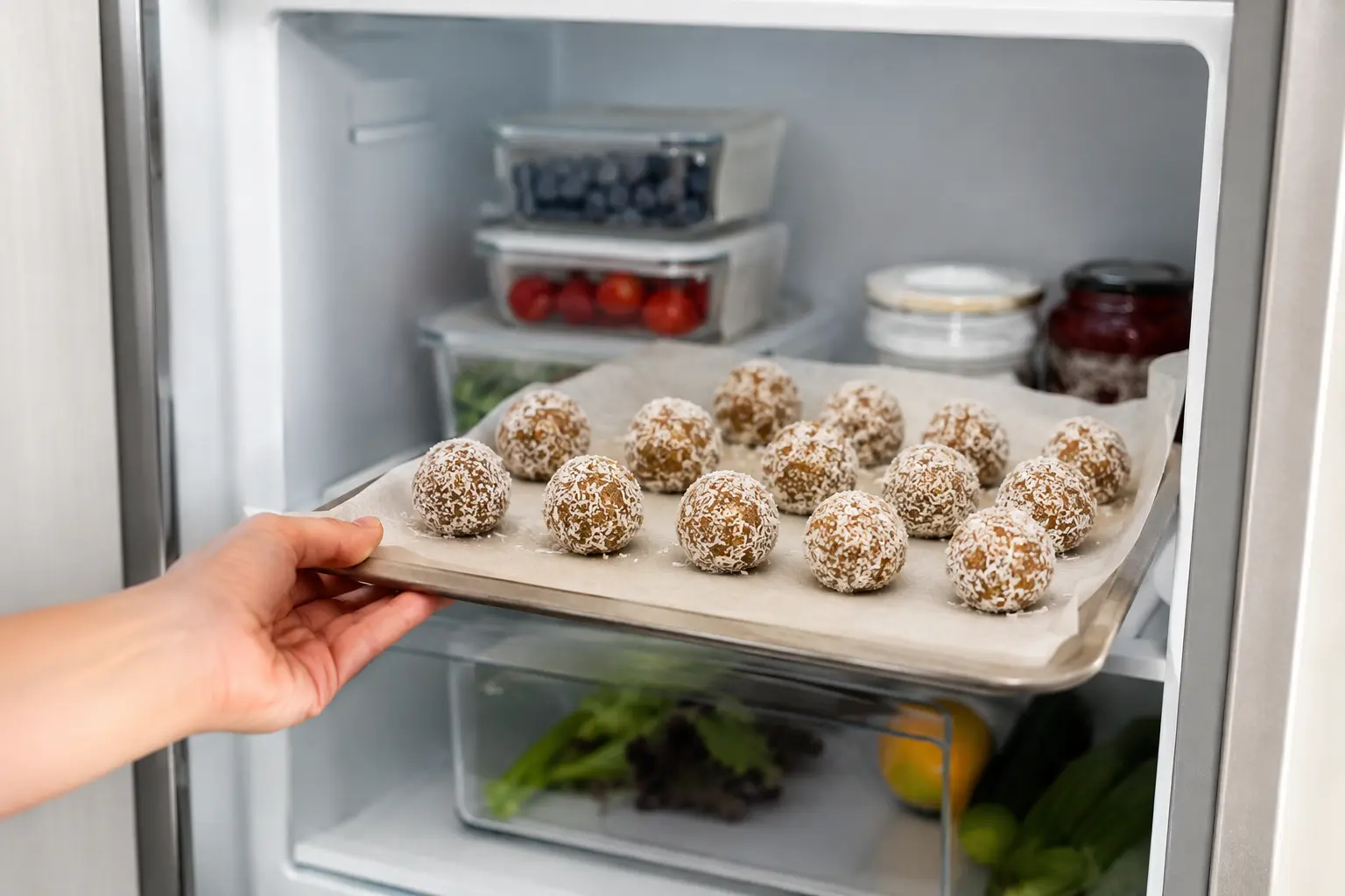 Plateau d'energy balls tropical alignées prêtes à être mises au réfrigérateur