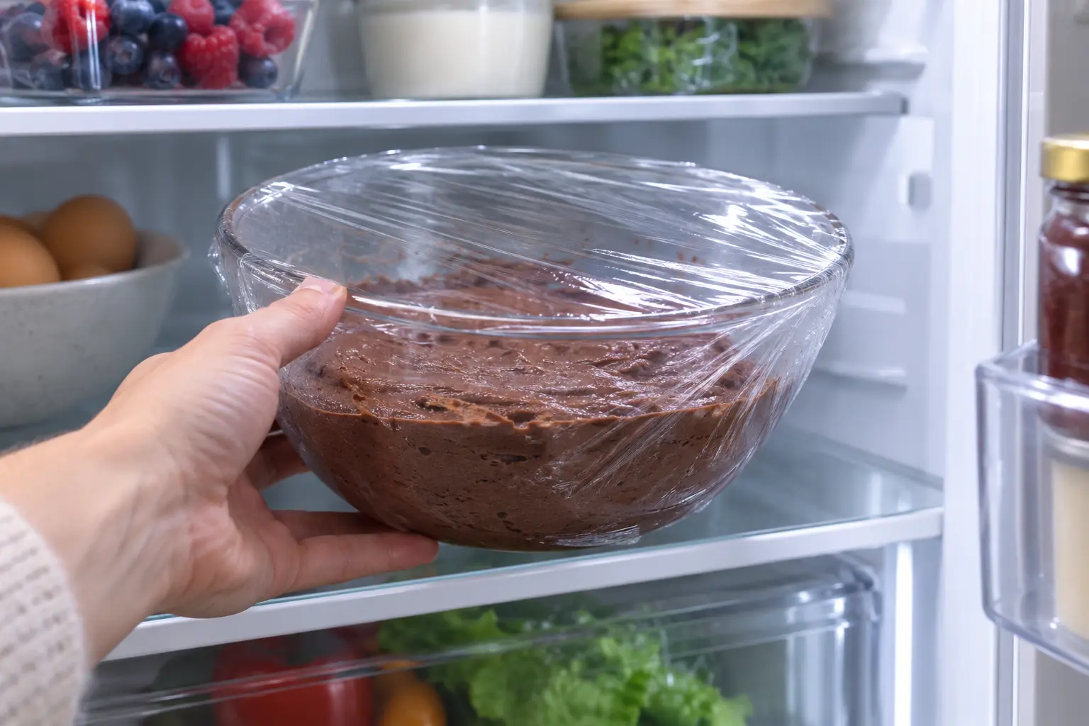 Bol de pâte à truffes recouvert de film alimentaire avant réfrigération