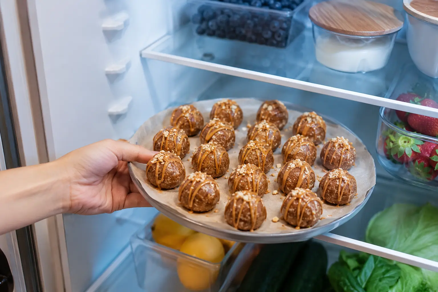 Protein balls cacahuète-caramel alignées sur une assiette avant réfrigération