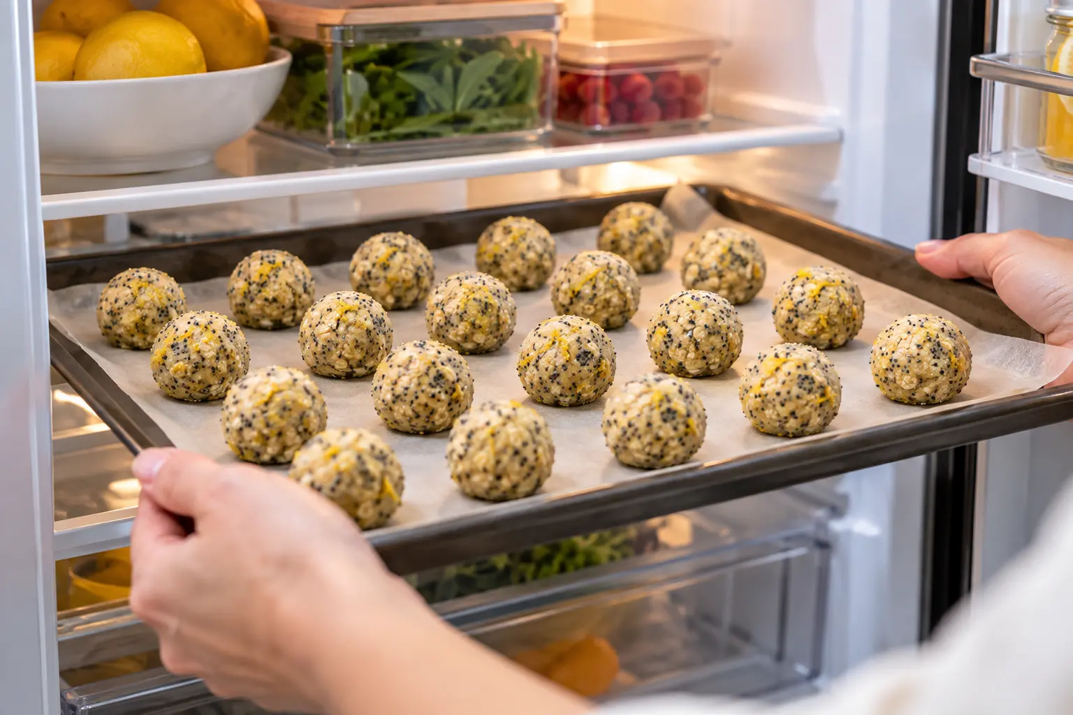 Protein balls citron-pavot alignées sur un plateau recouvert de papier sulfurisé, prêtes à être réfrigérées