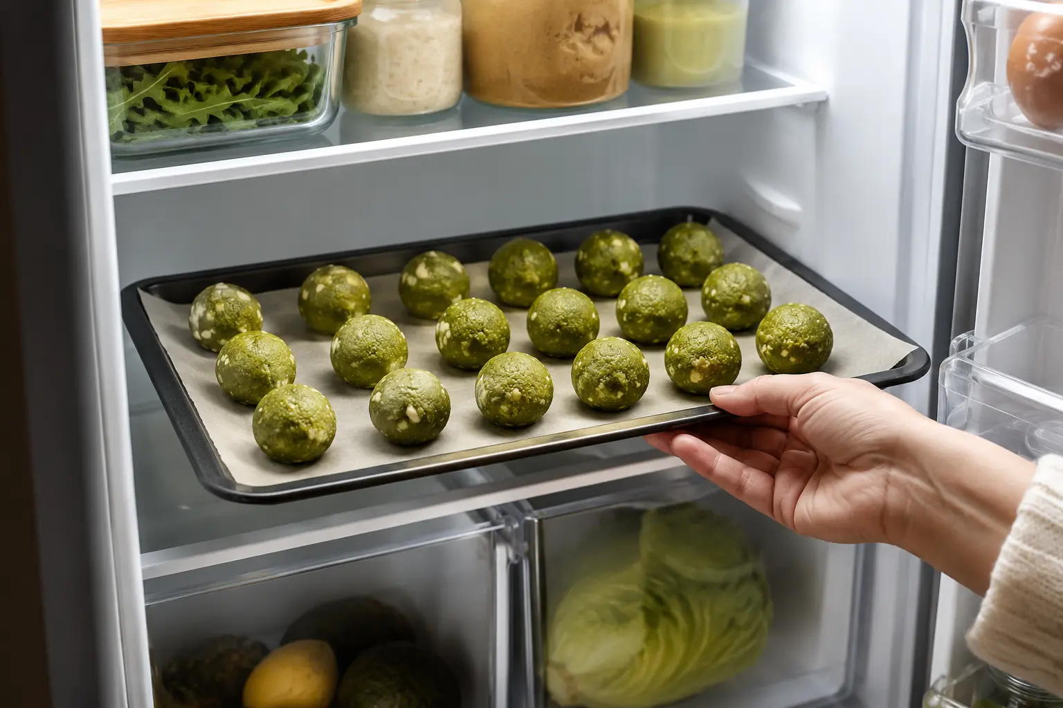 Protein balls matcha-chocolat blanc alignées sur un plateau avant réfrigération