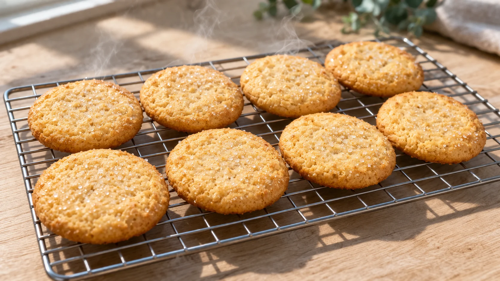 Biscuits protéinés vanille dorés et croustillants refroidissant sur une grille métallique, surface légèrement dorée et grains de sucre visibles, plan de travail en bois clair
