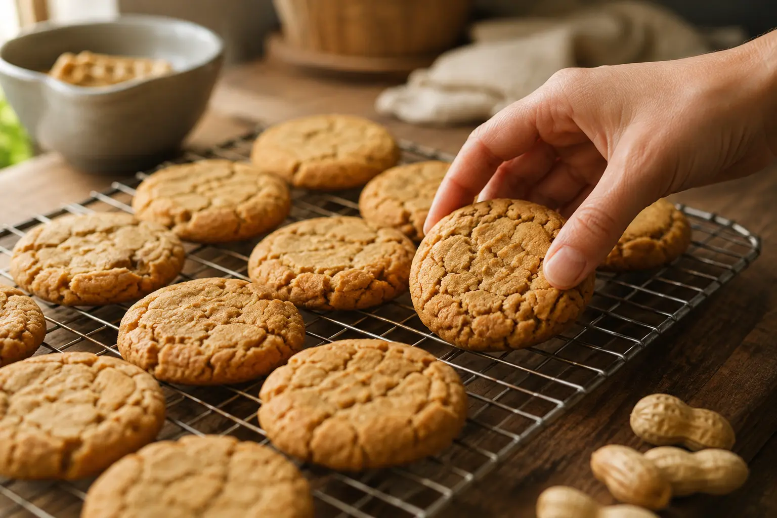 Cookies au beurre de cacahuète protéinés refroidissant sur une grille en métal