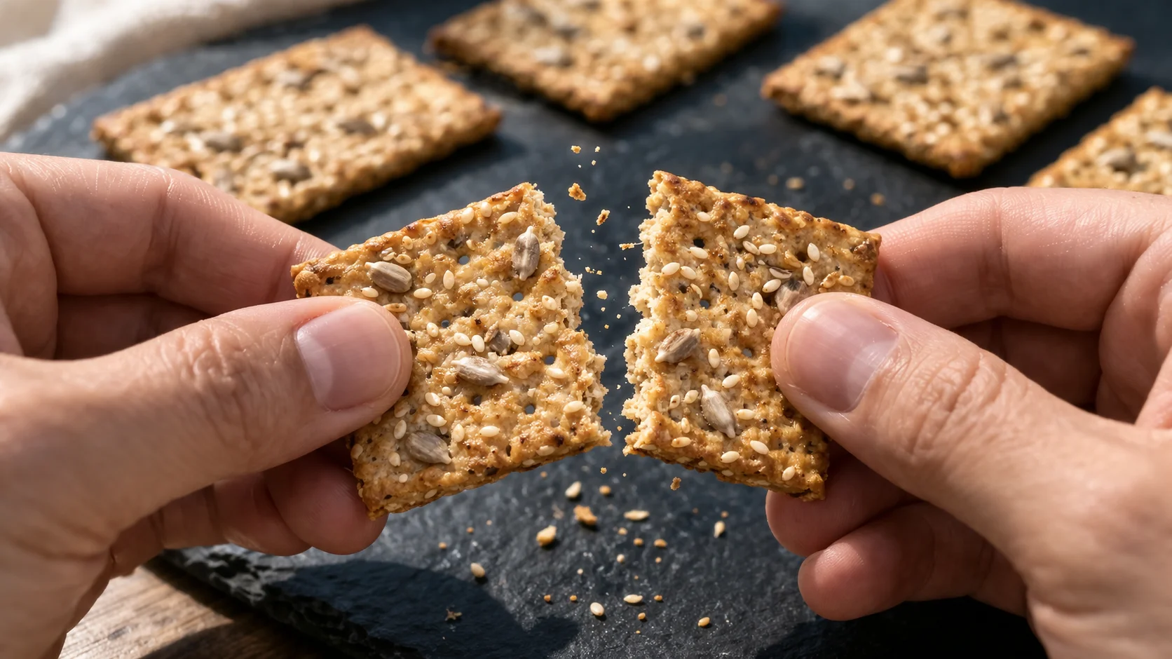 Crackers salés protéinés refroidis cassés à la main le long des découpes, graines visibles sur la surface croustillante, fond ardoise