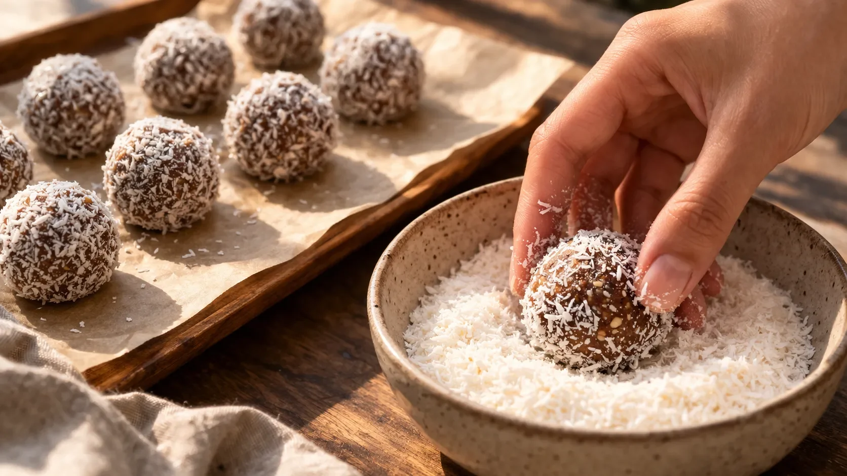 Energy balls dattes-cacao roulées dans la noix de coco disposées sur un plateau en bois, prêtes à réfrigérer