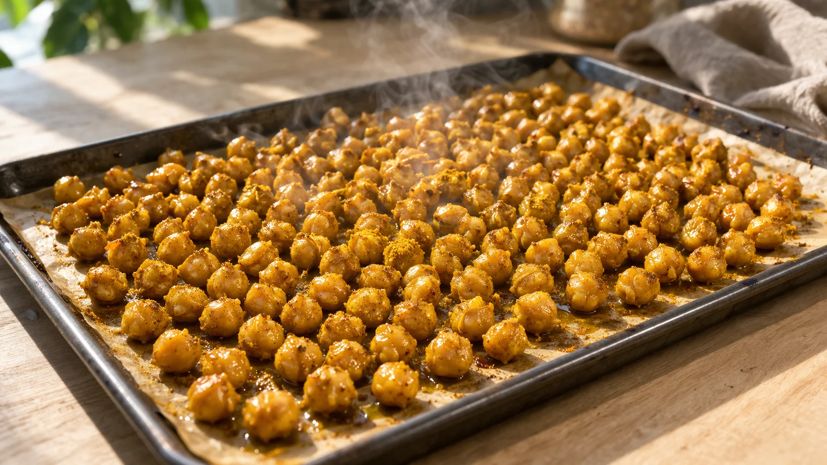 Pois chiches rôtis au curry en train de refroidir sur la plaque de cuisson, couleur dorée et épices curry visibles, vapeur légère encore présente, plan de travail en bois clair