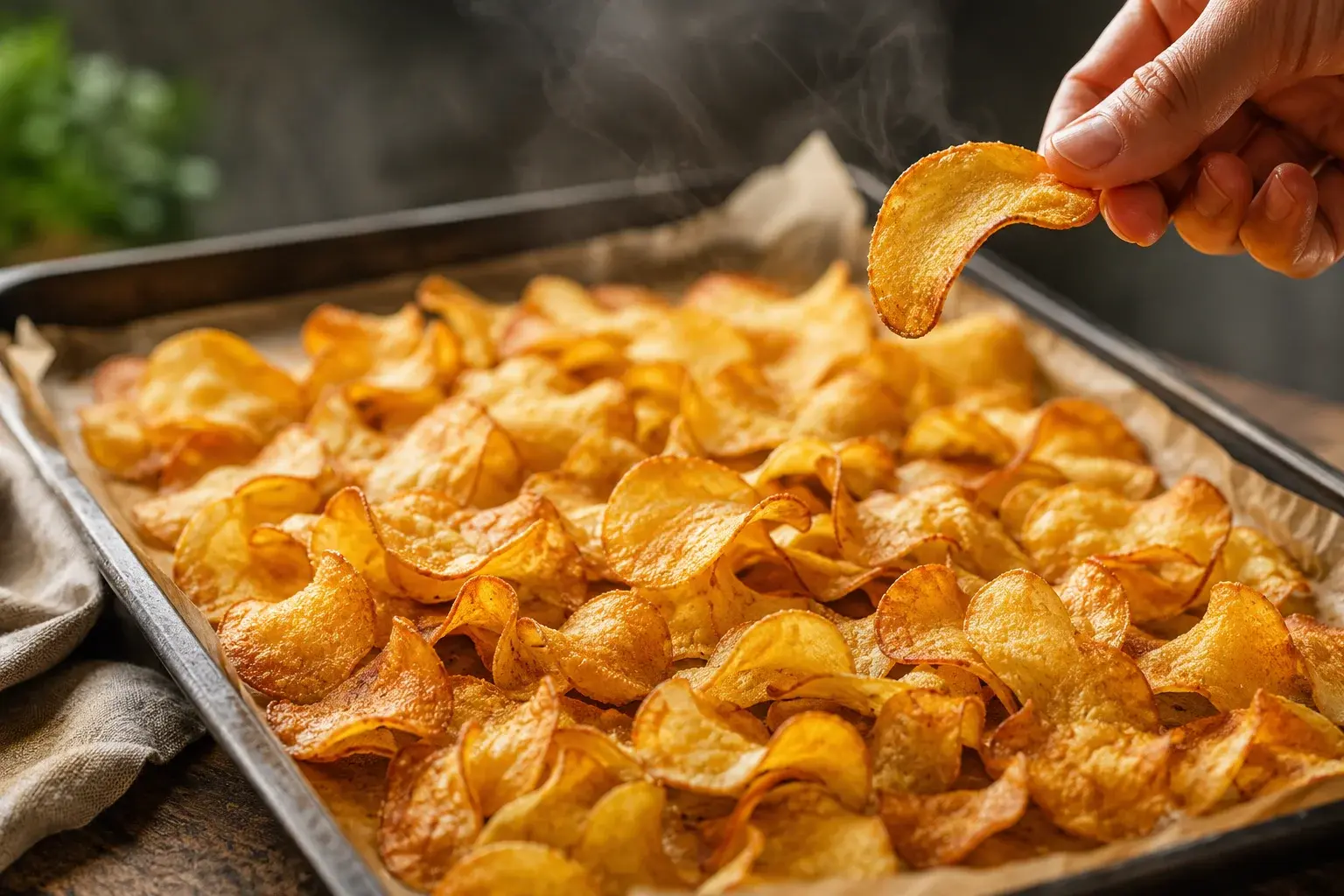 Chips protéinées sel-vinaigre dorées refroidissant sur la plaque de cuisson