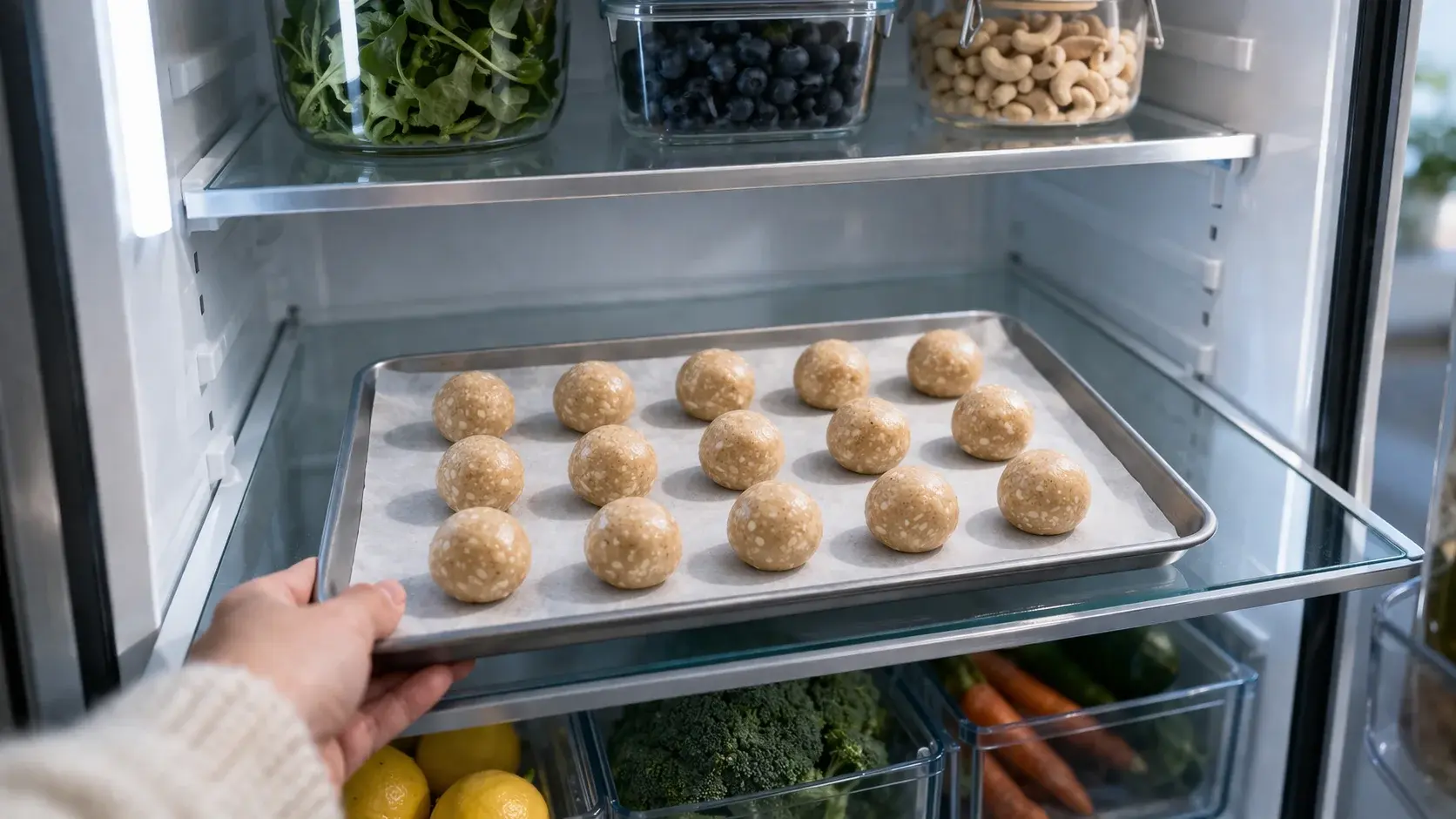 Plaque d'energy balls vanille cajou en train de reposer au réfrigérateur
