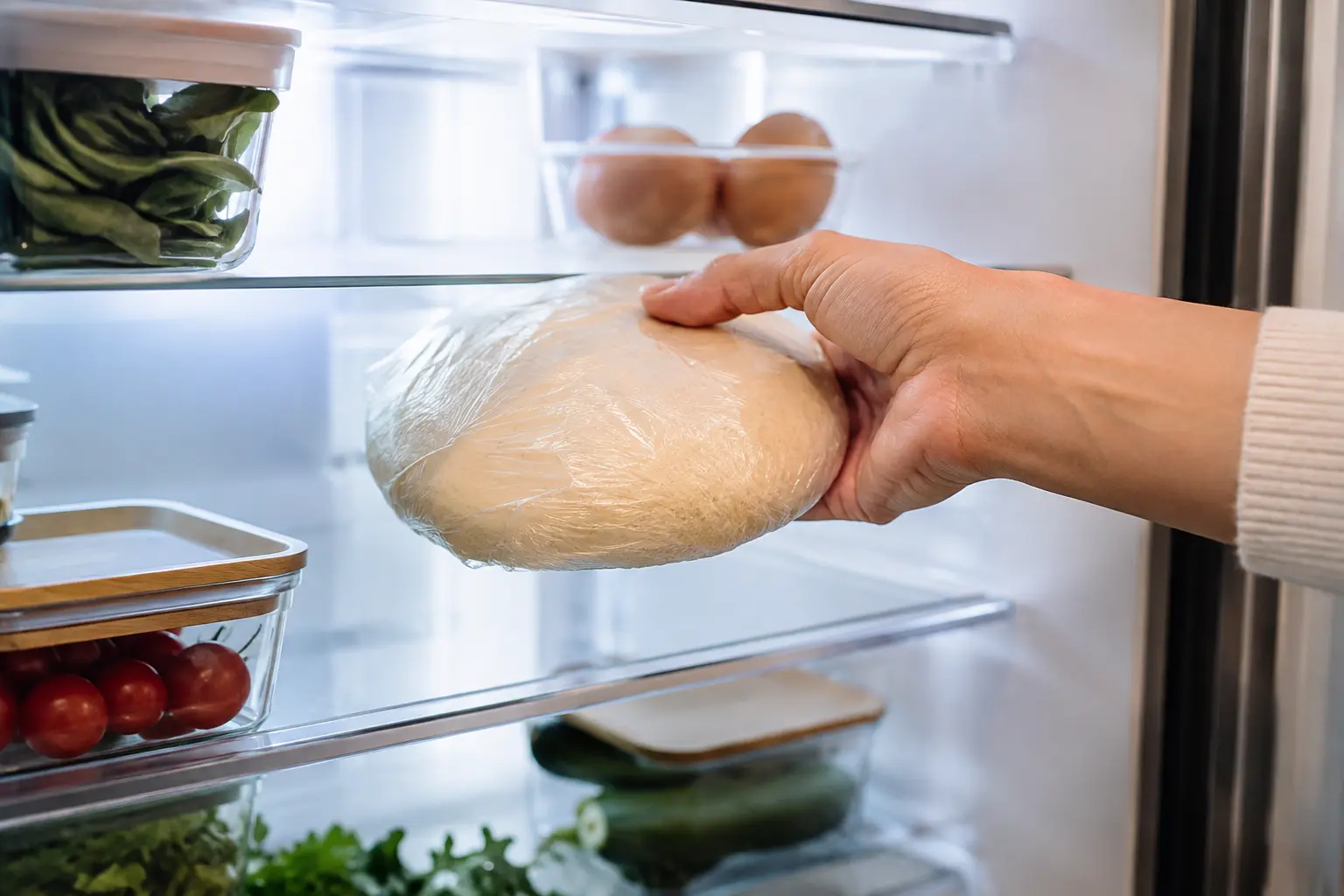 Disque de pâte à sablés protéinés emballé dans du film alimentaire au réfrigérateur