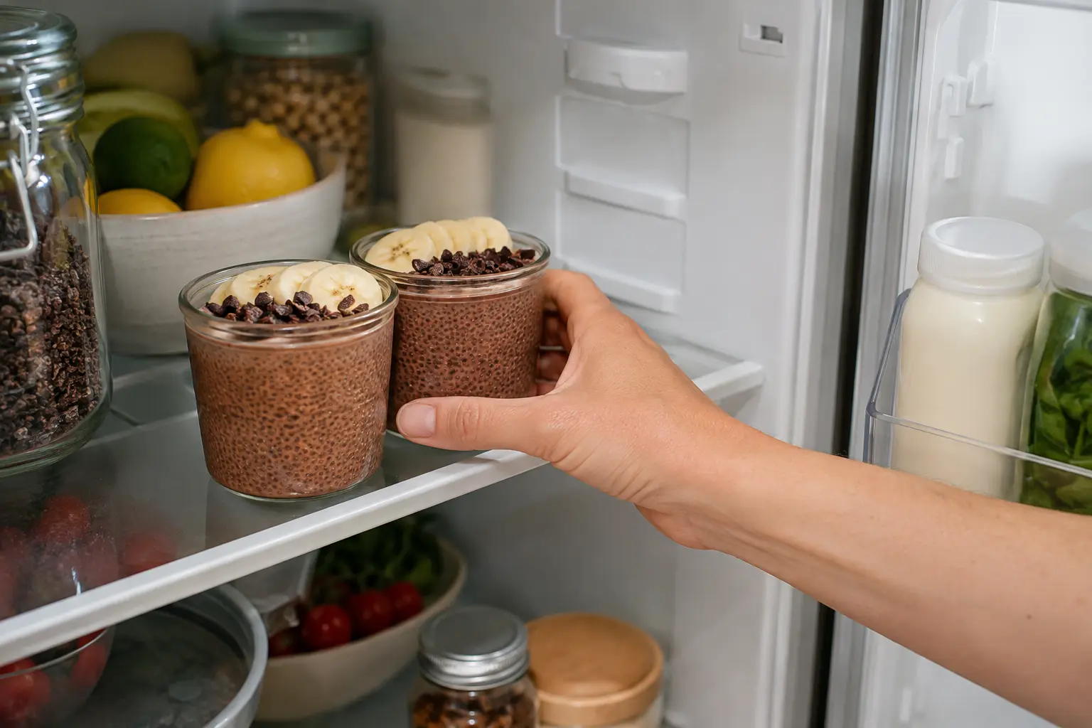 Deux pots de pudding chia chocolat recouverts de film avant d'être placés au réfrigérateur