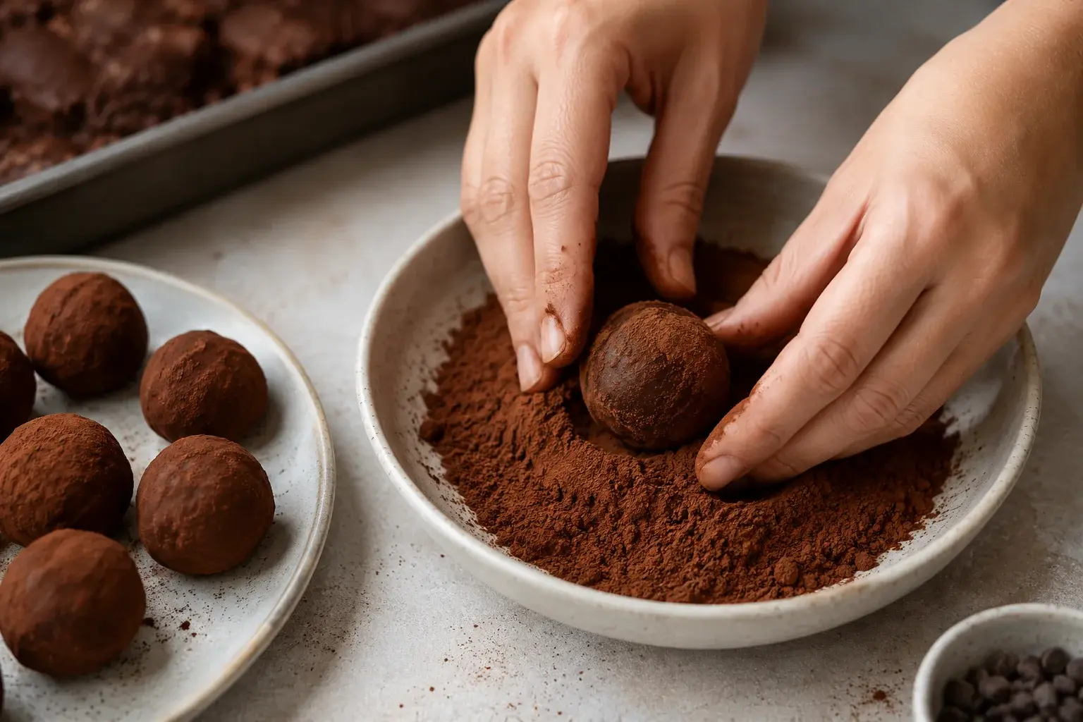 Mains roulant une truffe chocolat-menthe dans le cacao en poudre