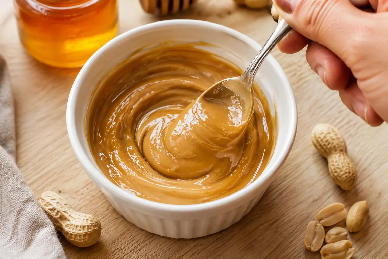 Cuillère mélangeant le beurre de cacahuète et le miel dans un ramequin pour former la sauce caramel