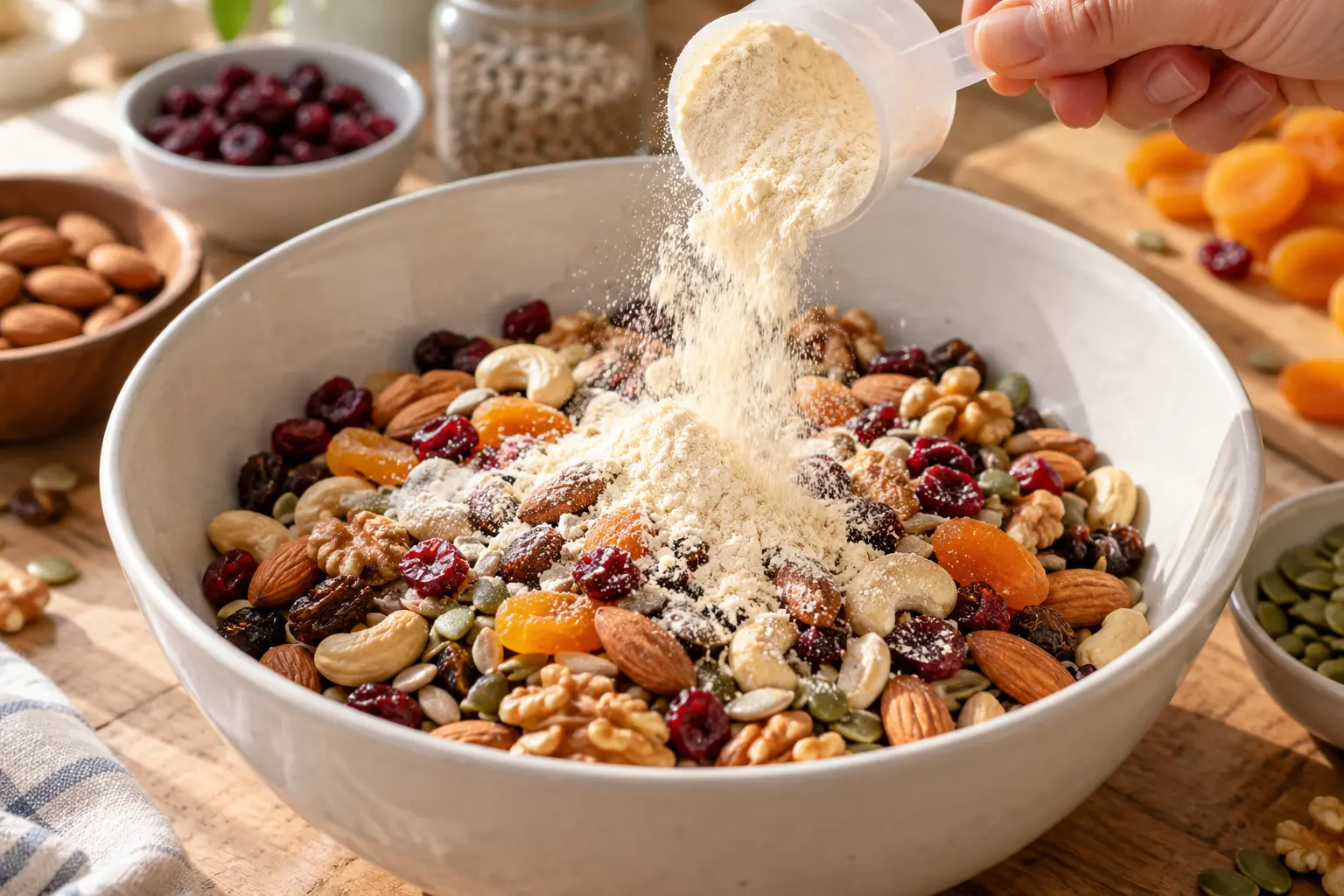 Whey protéine saupoudrée sur le mélange de trail mix dans un saladier