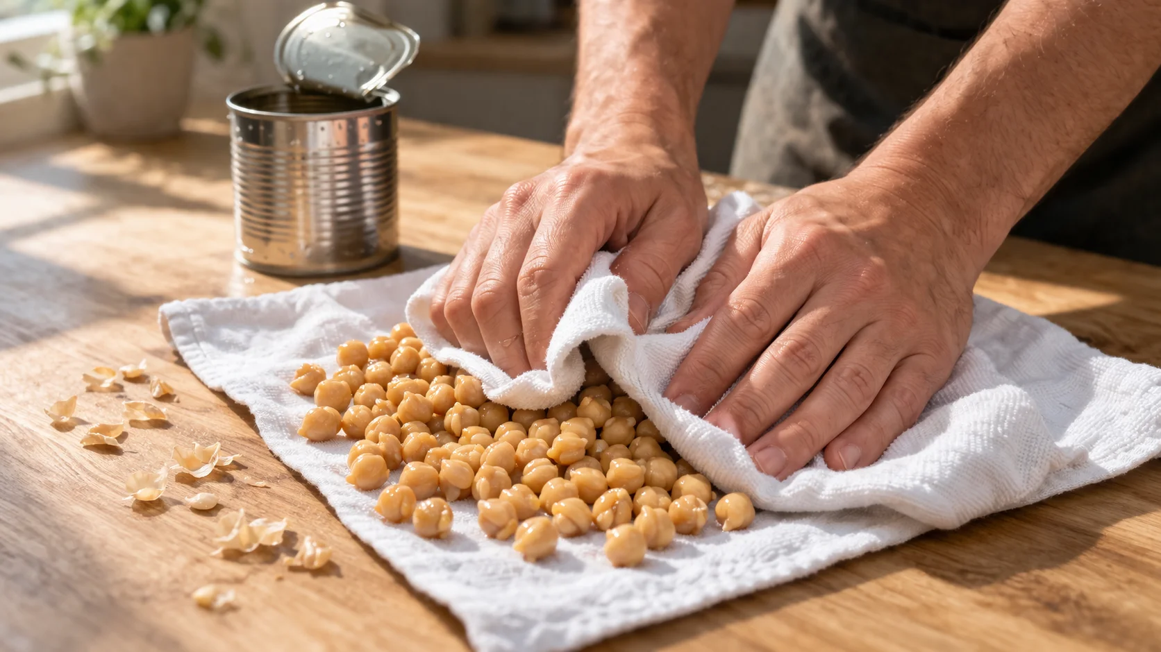 Pois chiches égouttés et rincés en train d'être séchés sur un torchon blanc propre, quelques peaux détachées visibles, plan de travail en bois clair