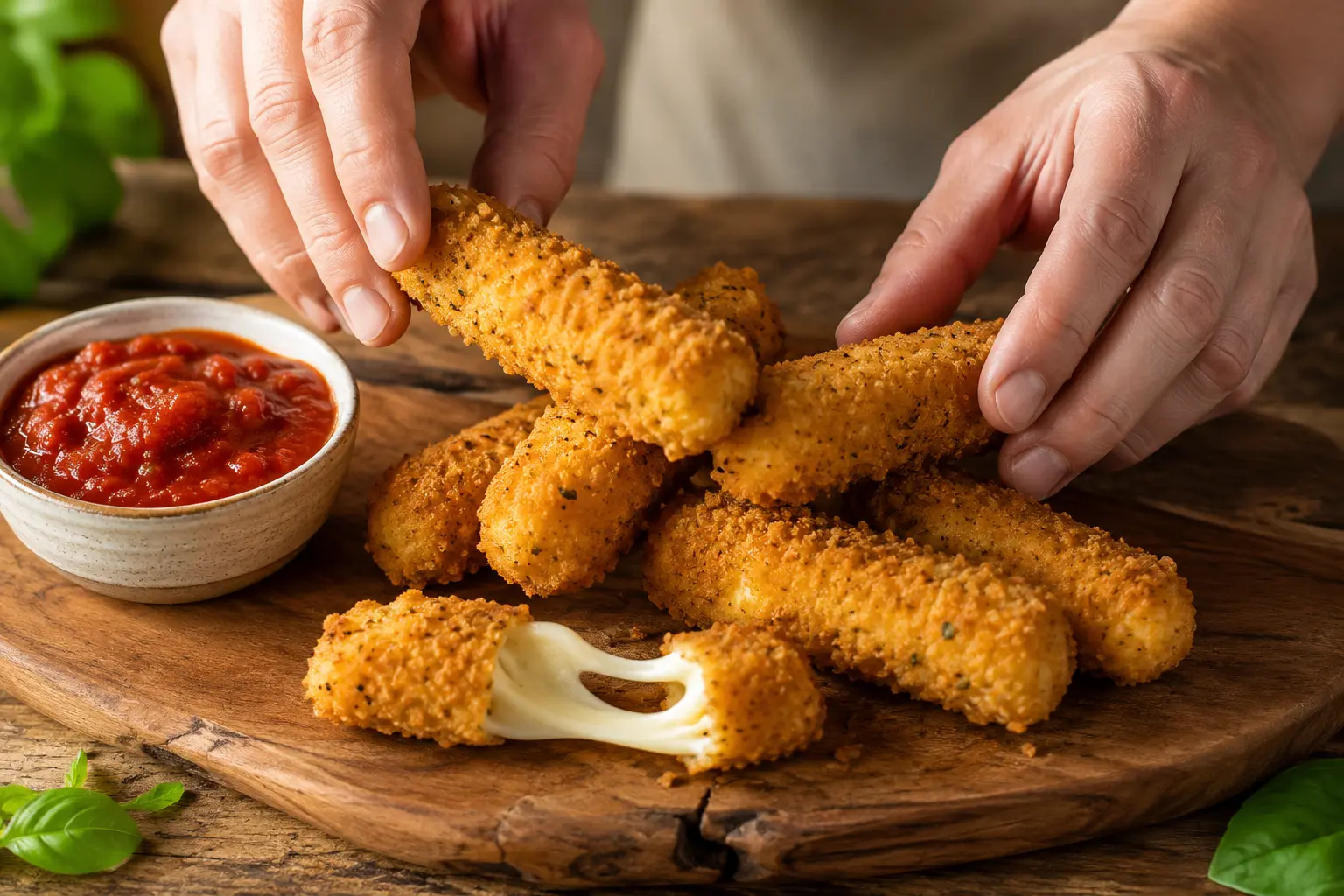 Bâtonnets de mozzarella croustillants servis sur une planche avec un bol de sauce marinara