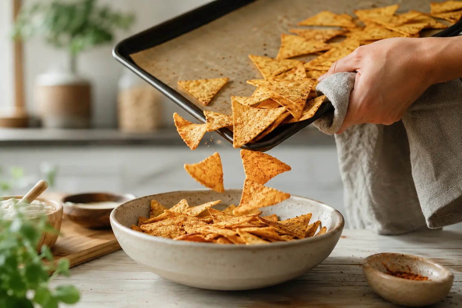 Chips protéinées épicées croustillantes servies dans un bol avec un dip à côté