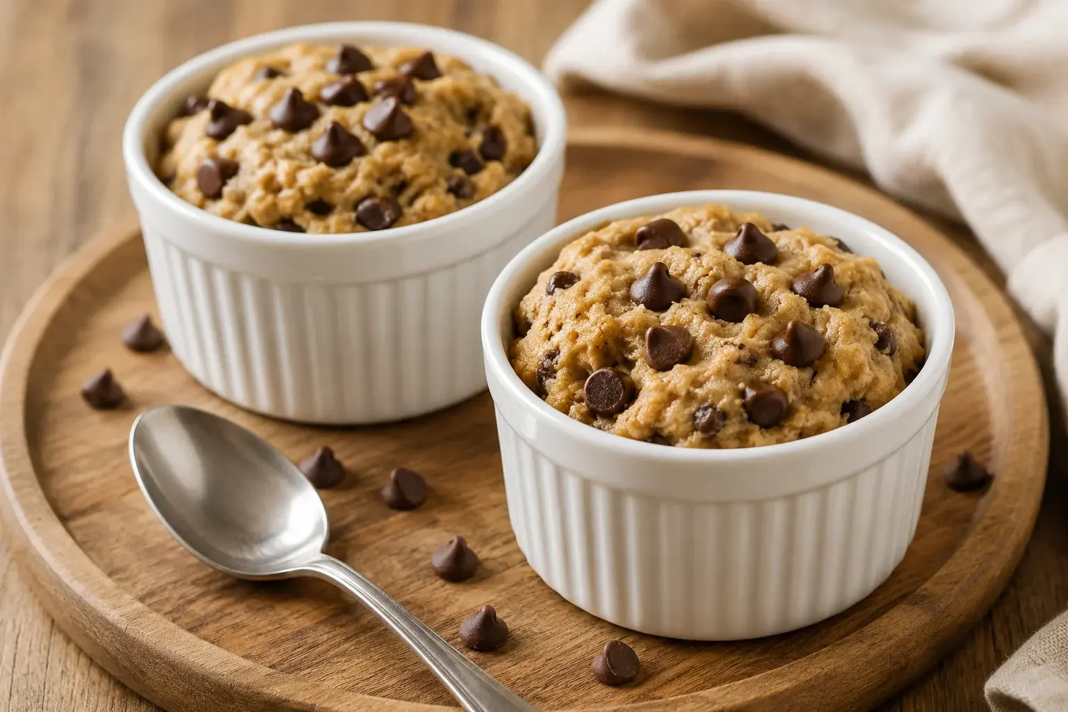 Cookie dough au cottage cheese servie dans un ramequin avec une cuillère