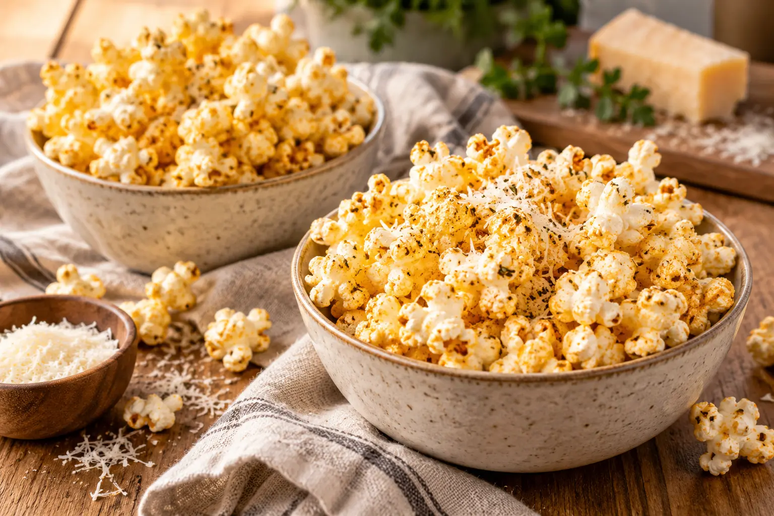 Popcorn protéiné au parmesan servi dans deux bols, prêt à être dégusté