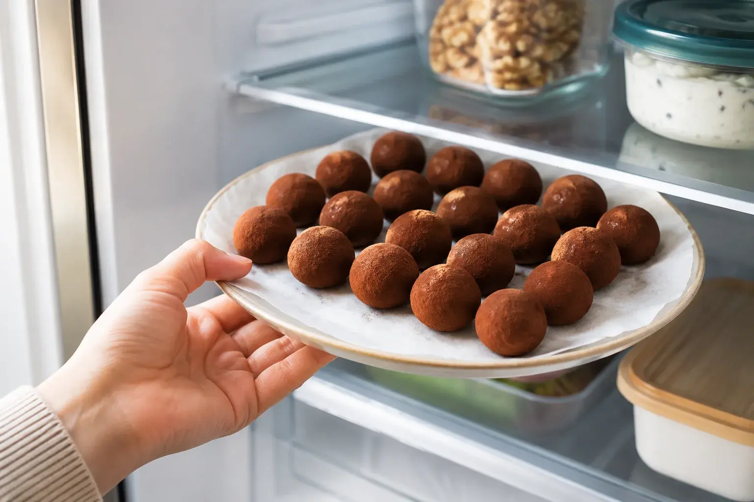 Truffes chocolat-menthe protéinées prêtes à déguster sur ardoise avec menthe fraîche