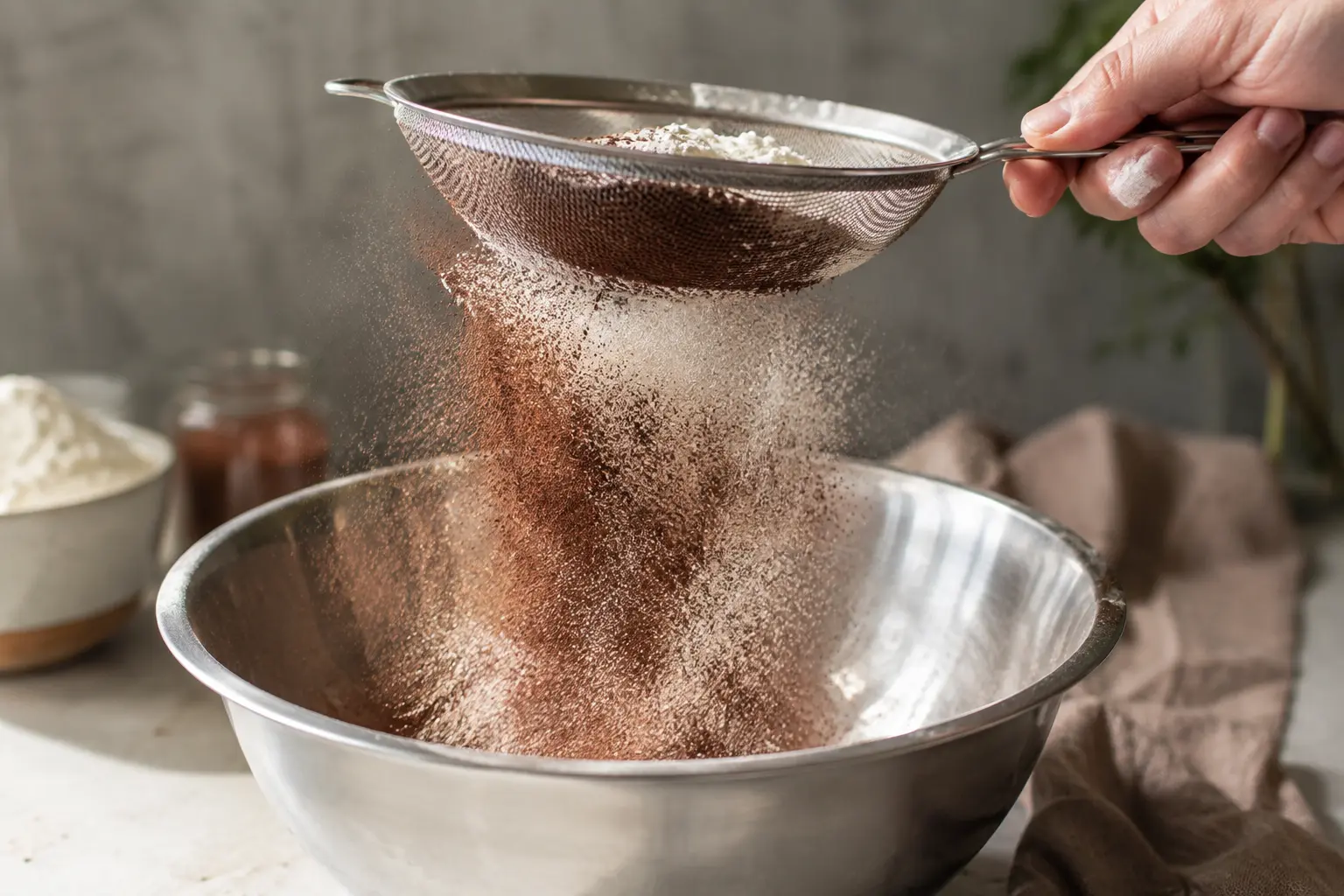 Tamisage de la farine, du cacao et de la whey dans un saladier