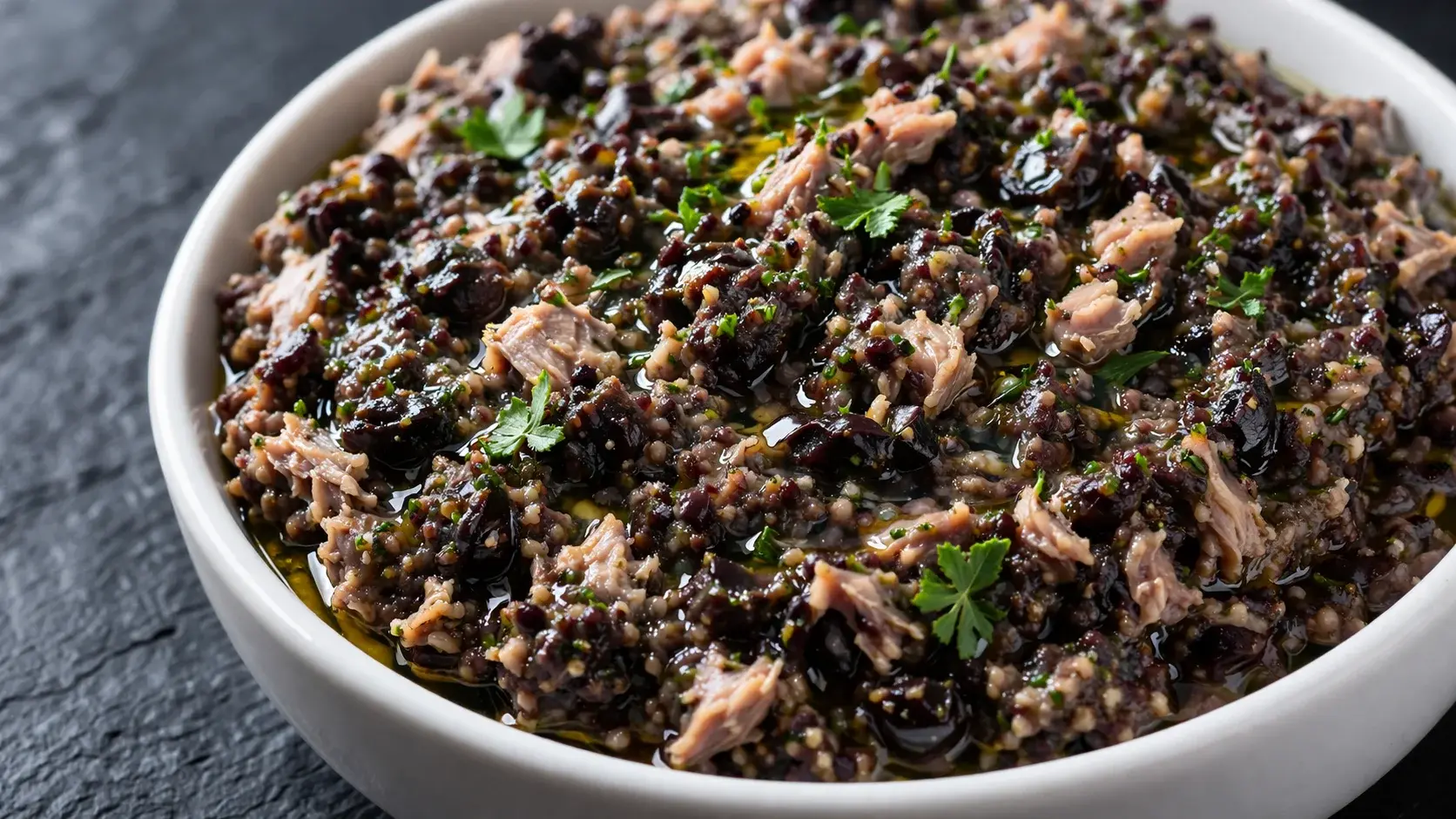 Gros plan sur la texture grumeleuse et intense de la tapenade olives noires et thon dans un bol blanc, surface brillante à l'huile d'olive et herbes fraîches visibles