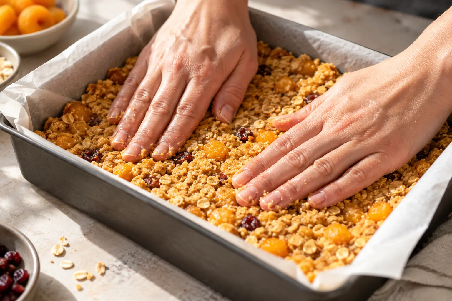 Pâte des barres pêche-amande tassée dans un moule rectangulaire chemisé